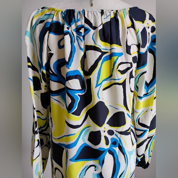Banana Republic Silk Dress Abstract Floral Navy Blue Yellow Shift Tropical Sz M - Picture 10 of 15